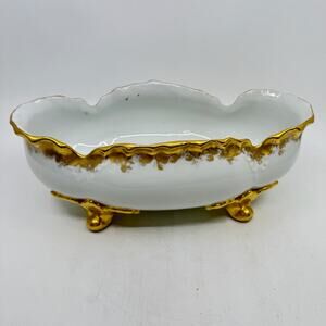 Vintage Bavarian Gold Trimmed Porcelain Oval Claw Foot Bowl